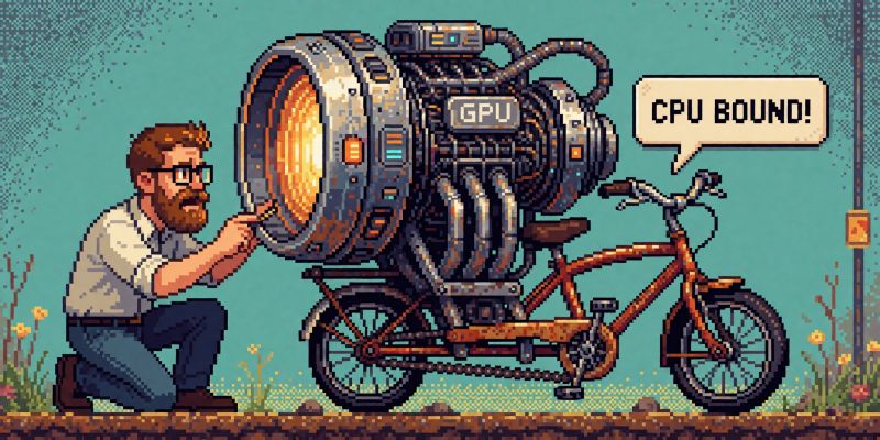 Pixel art illustration of a man attaching a jet engine labeled GPU to a bicycle, with a speech bubble saying CPU BOUND